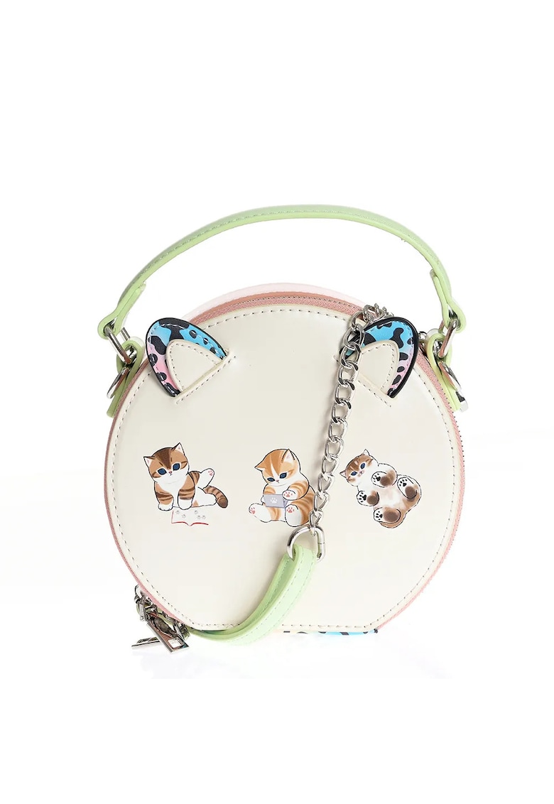 Geanta rotunda crem cu pisicute si detalii pastel