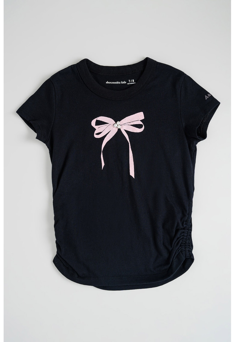 Tricou cu imprimeu si insertie elastica laterala - Negru/Roz