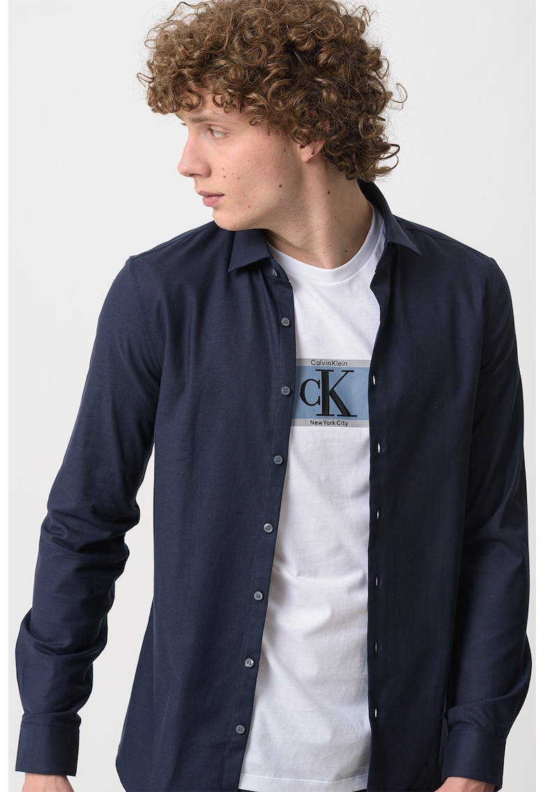 Camasa slim fit din amestec de bumbac organic - Albastru indigo