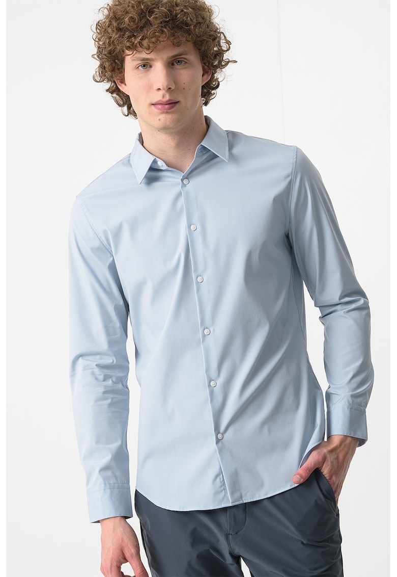 Camasa din amestec de bumbac cu model uni si guler ascutit