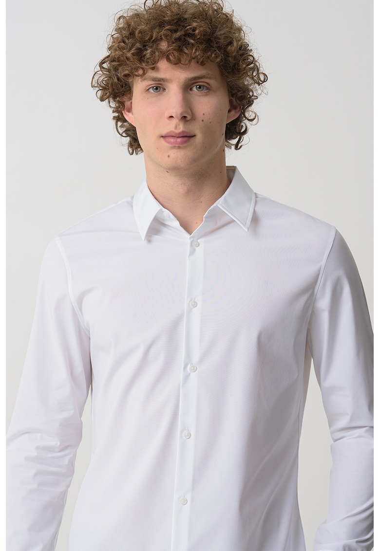 Camasa din amestec de bumbac cu model uni si guler ascutit