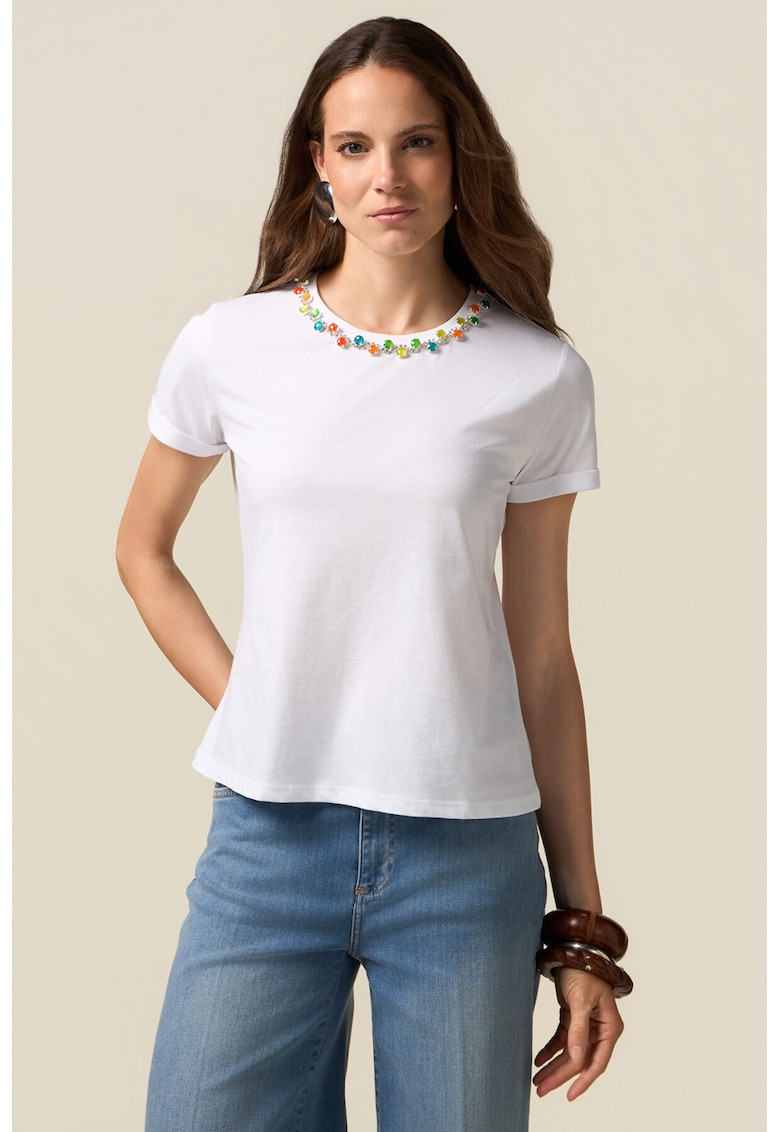 Tricou cu aplicatii din strasuri pe decolteu - Alb optic