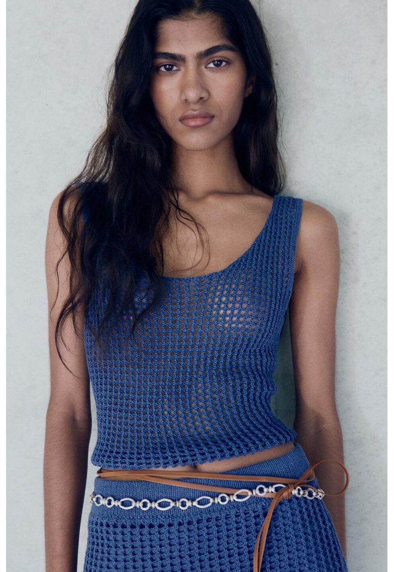 Top tricotat cu perforatii - Albastru inchis