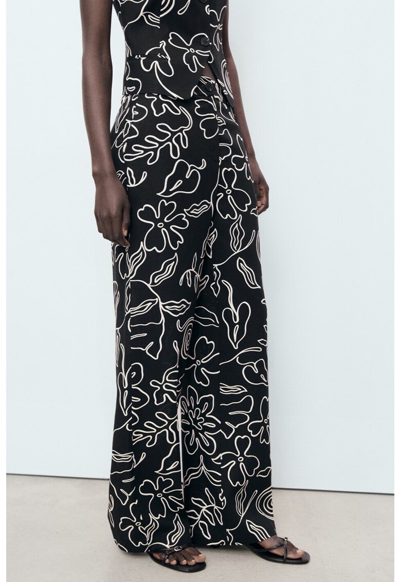Pantaloni din amestec de in cu model floral - Alb/Negru