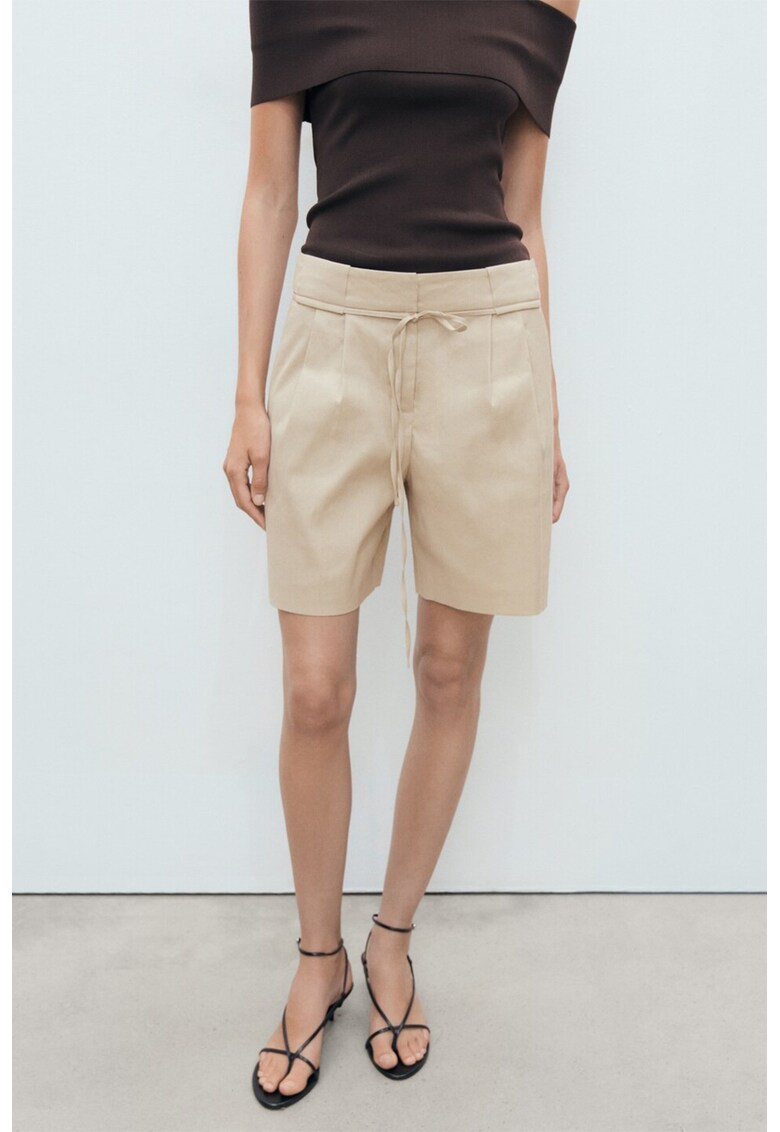 Pantaloni scurti relaxed fit de in cu cordon subtire in talie - Bej