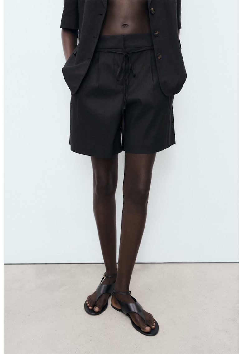 Pantaloni scurti relaxed fit de in cu cordon subtire in talie - Negru