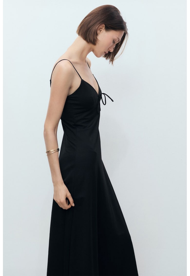 Rochie midi cu decolteu in V si funda - Negru