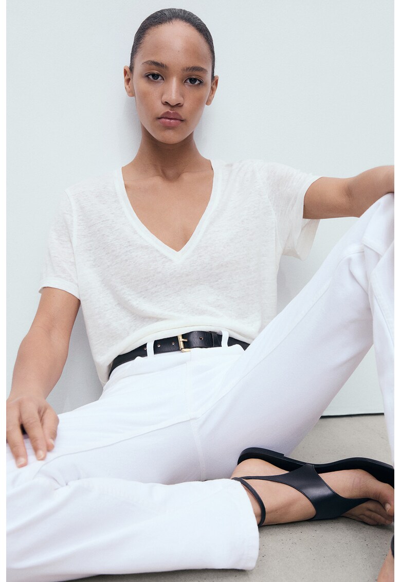 Tricou din in cu model uni - Alb