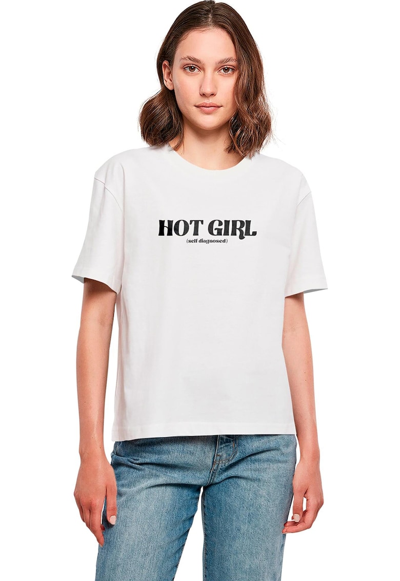 Tricou cu decolteu la baza gatului si imprimeu text - Alb/Negru