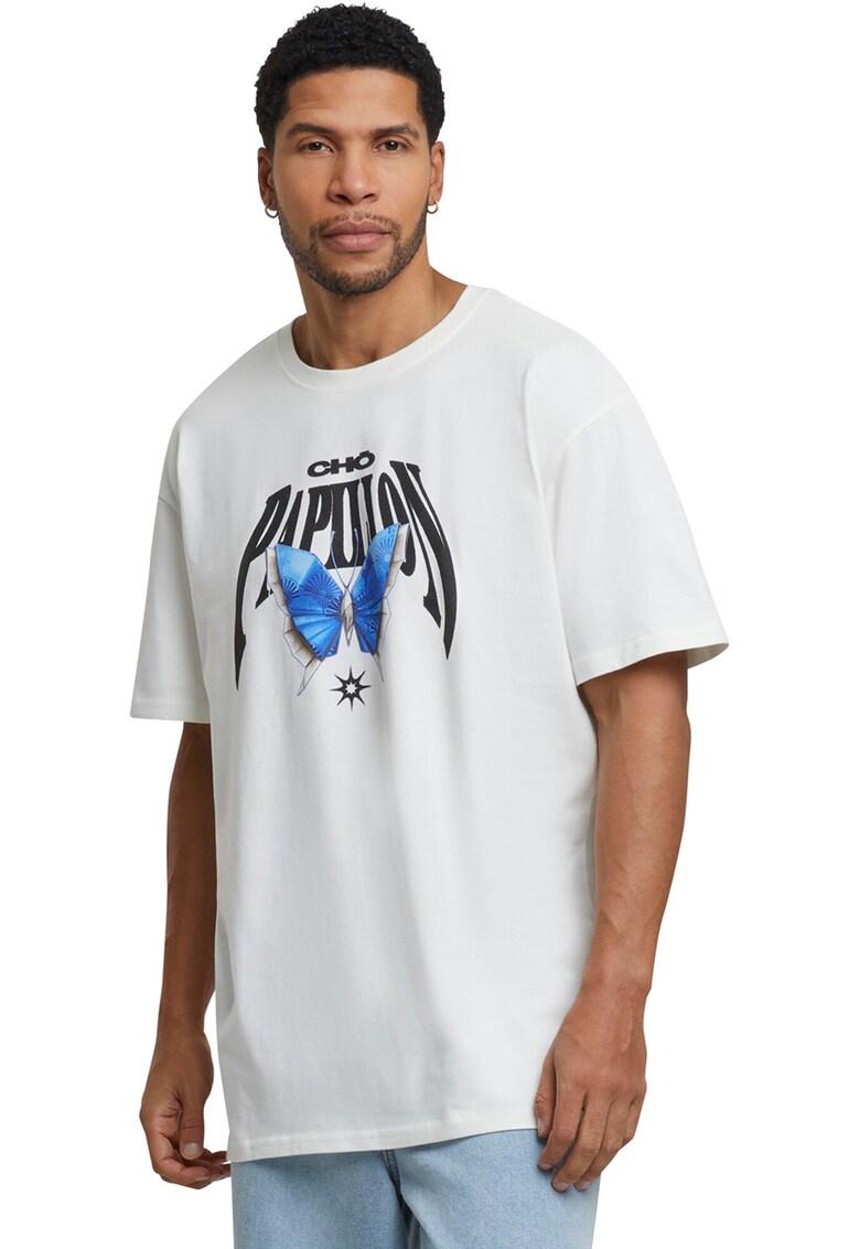 Tricou unisex cu imprimeu grafic - Negru/Alb murdar/Albastru