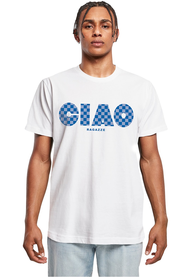 Tricou cu imprimeu text si decolteu la baza gatului - Alb/Albastru