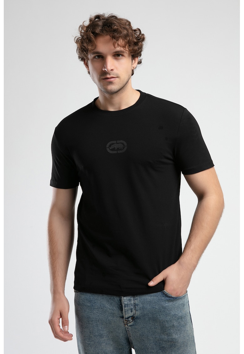 Tricou cu logo si decolteu la baza gatului - Negru