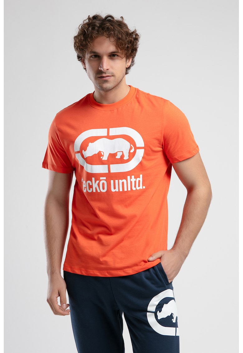 Tricou cu decolteu la baza gatului si imprimeu logo Marc - Alb/Portocaliu