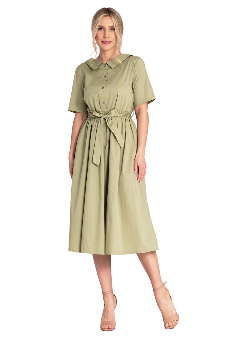 Rochie midi - verde - stil camasa - bumbac -