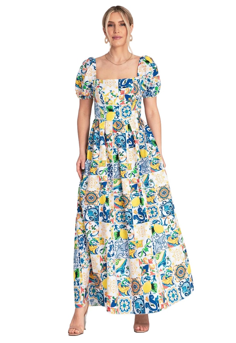Rochie decolteu patrat - maneci bufante - albastra - bumbac/elastan -