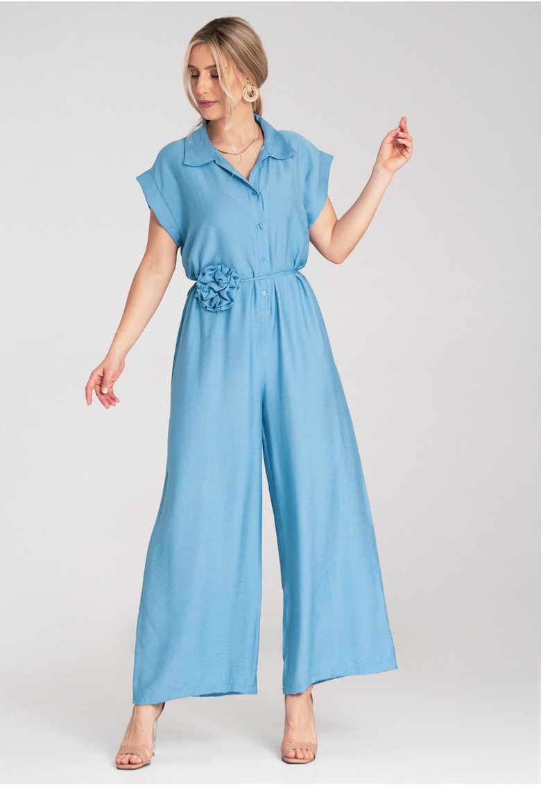 Salopeta dama - cu picior lat - maneca scurta - albastru - material universal -