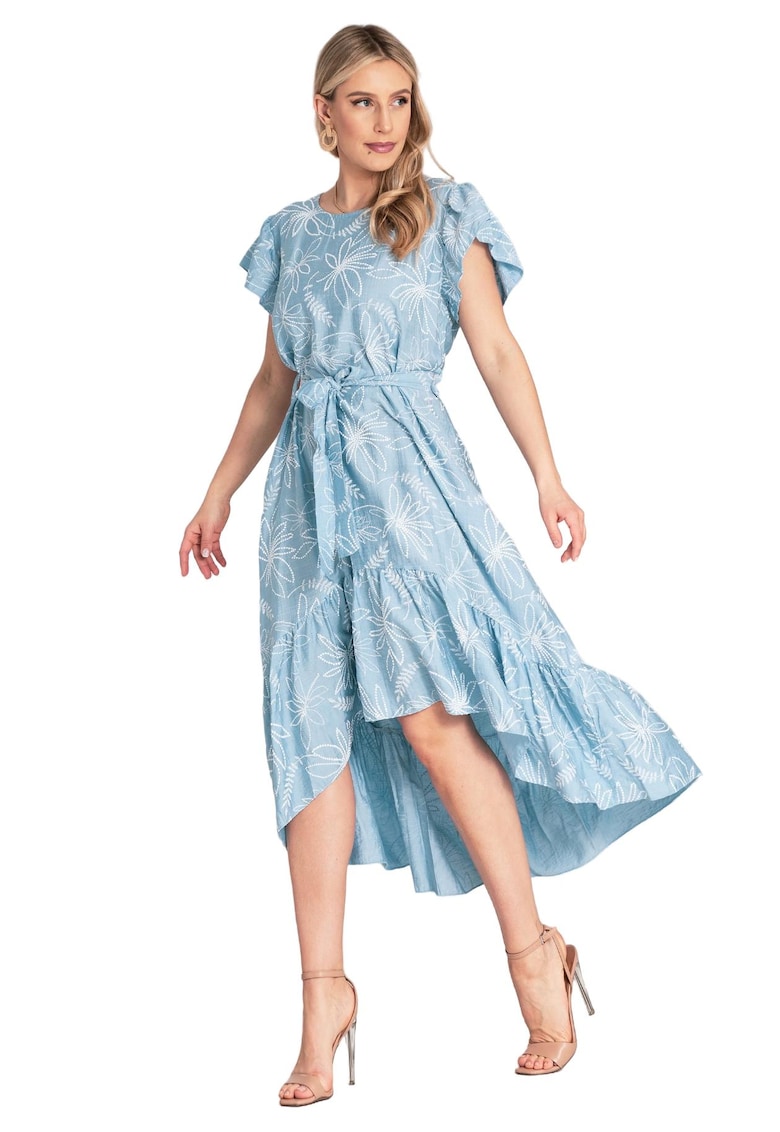 Rochie M1179 - imprimeu floral - volane - albastra - material de calitate - viscoza -