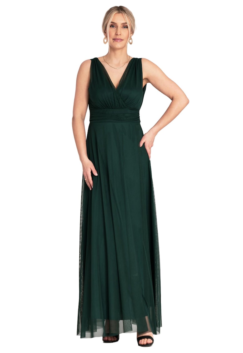 Rochie maxi de seara - cu volane - verde - poliester/elastan -