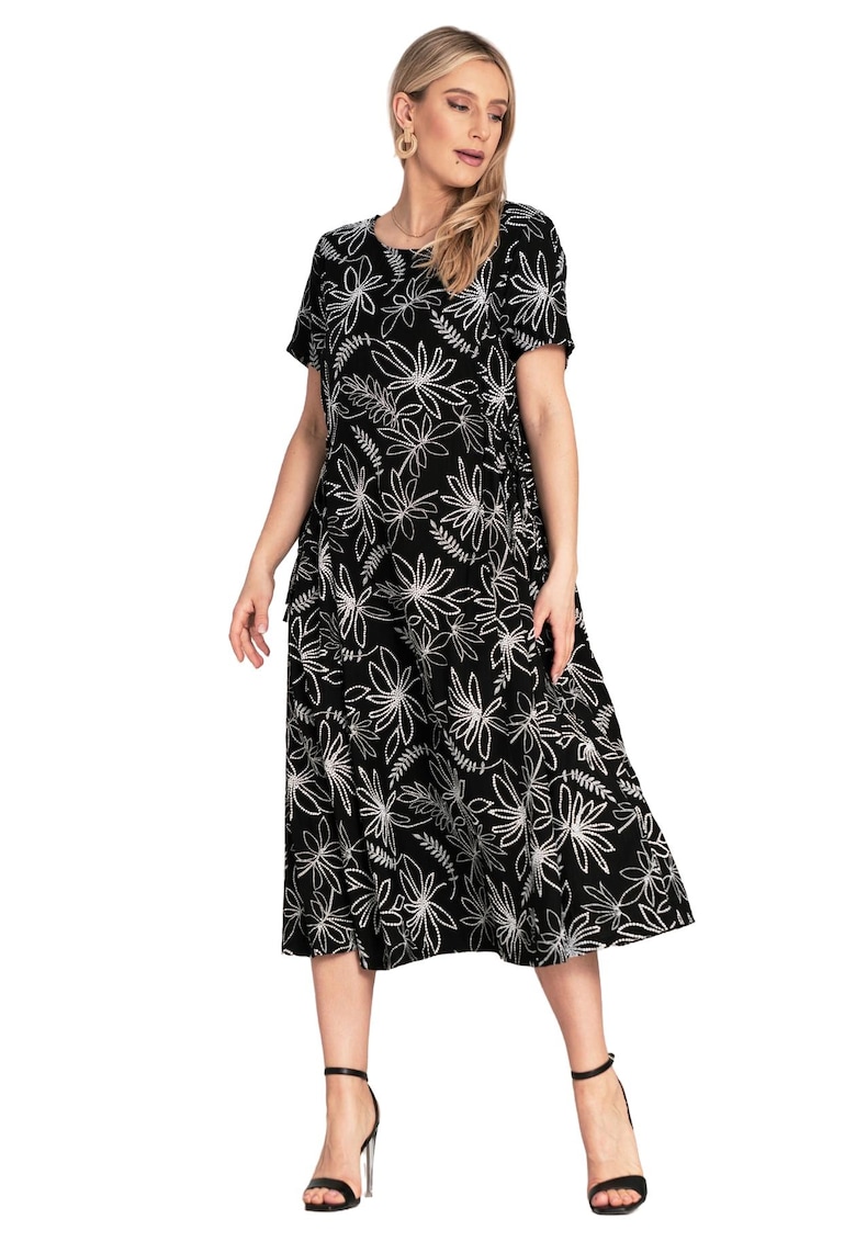 Rochie simpla - cu imprimeu floral - legaturi laterale - neagra - viscoza/nylon -