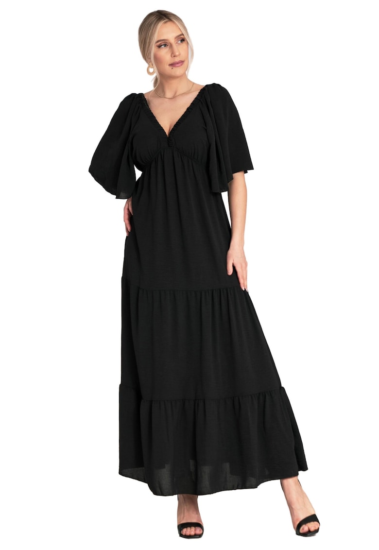 Rochie lunga cu volane - neagra - poliester -