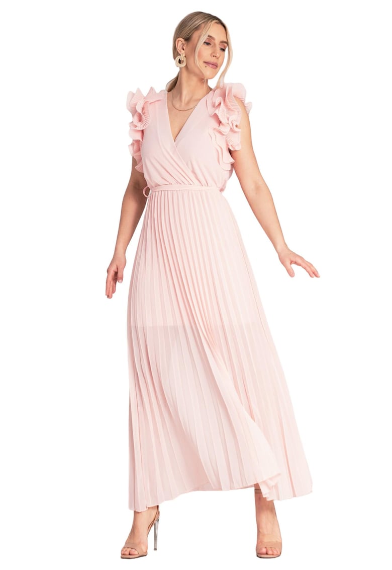 Rochie maxi - plisata - volane pe maneci - roz - viscoza - elastan - poliester -