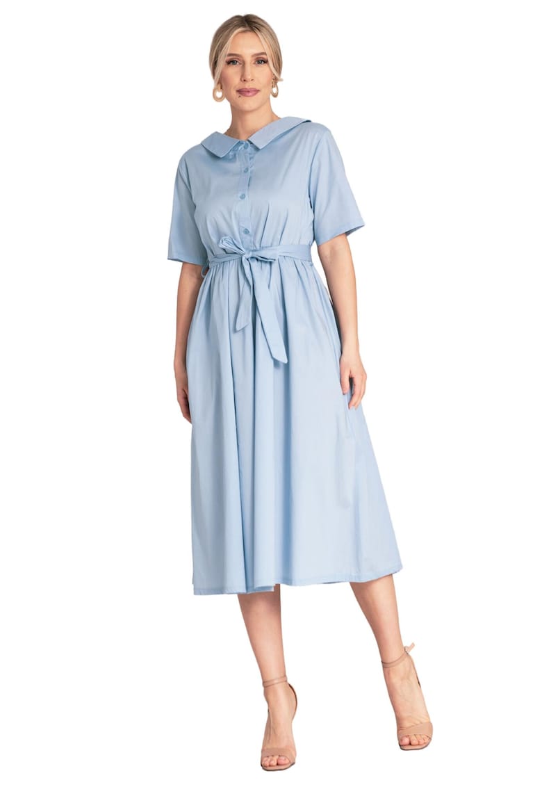 Rochie midi - albastra - bumbac - croiala simpla - inchidere cu nasturi -