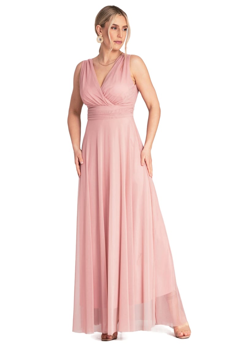 Rochie maxi de seara - volane - roz - poliester/elastan -