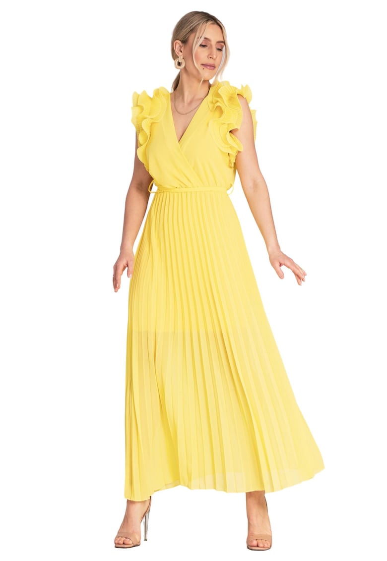 Rochie maxi plisata - galben - maneci cu volane - viscoza/elastan/poliester -