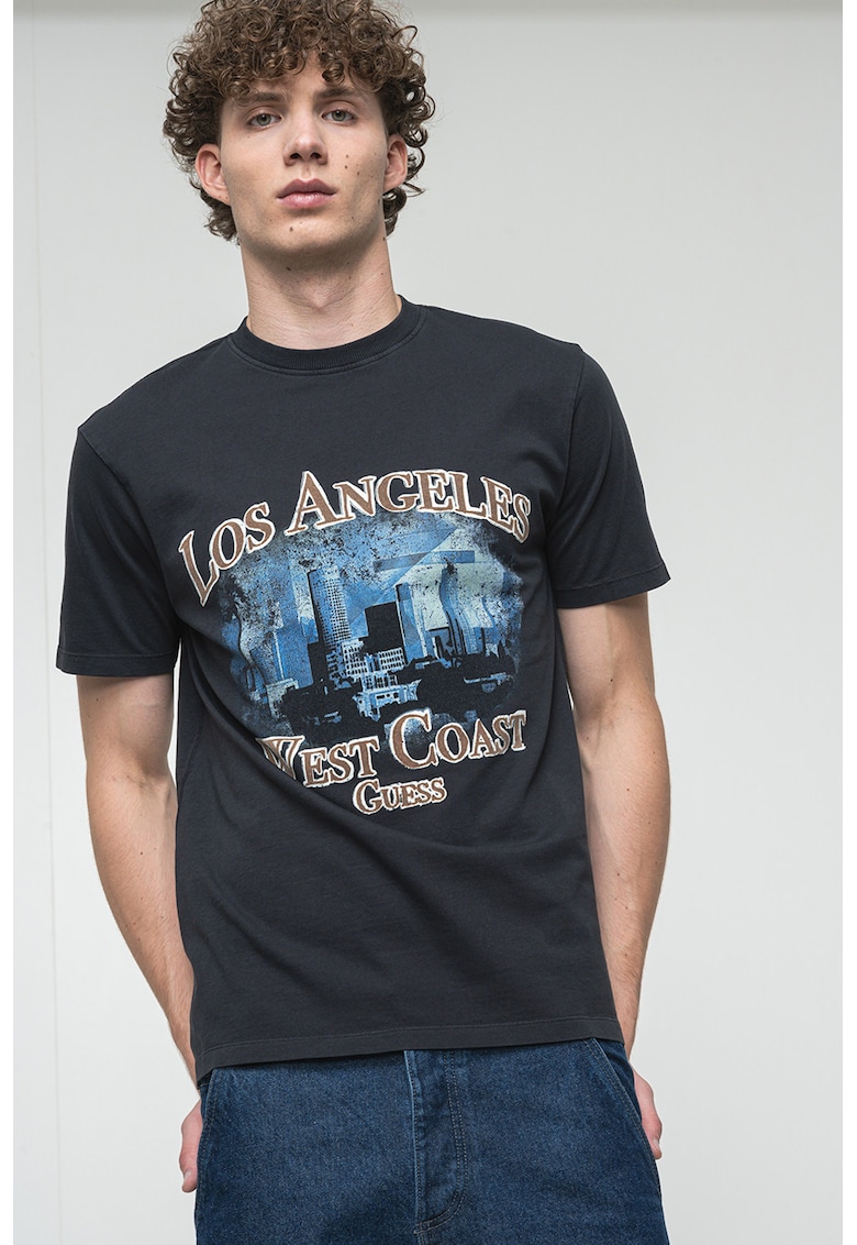 Tricou cu decolteu la baza gatului si imprimeu - Negru/Maro deschis/Albastru