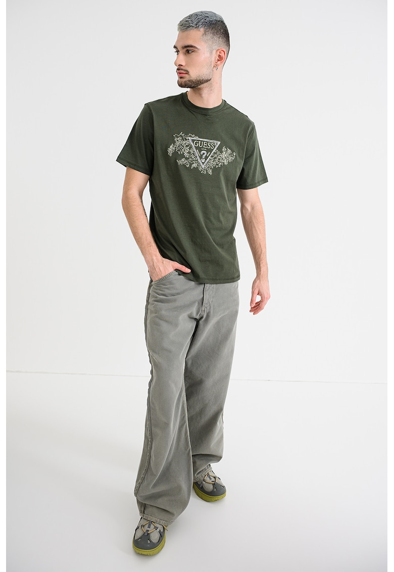 Tricou brodat de bumbac - Kaki inchis