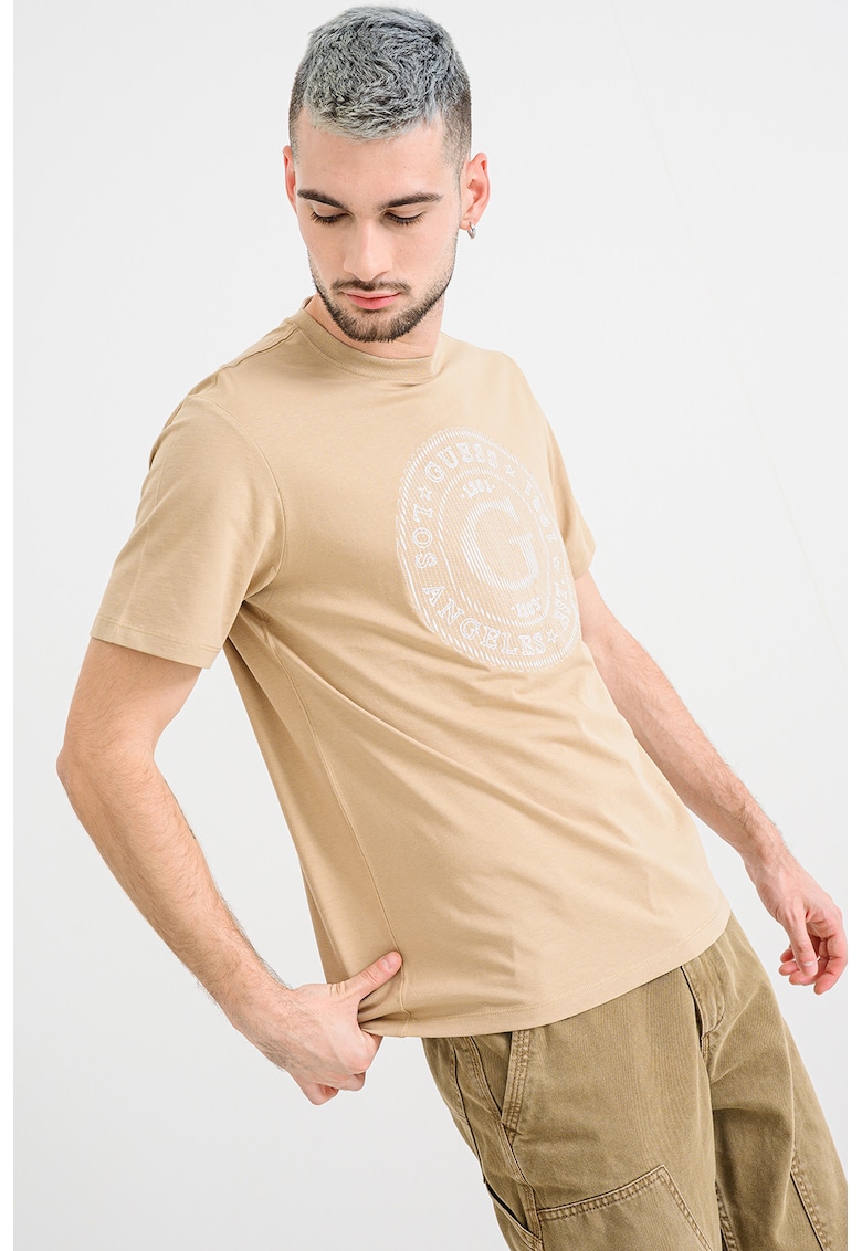 Tricou din bumbac cu logo brodat - Maro nisip