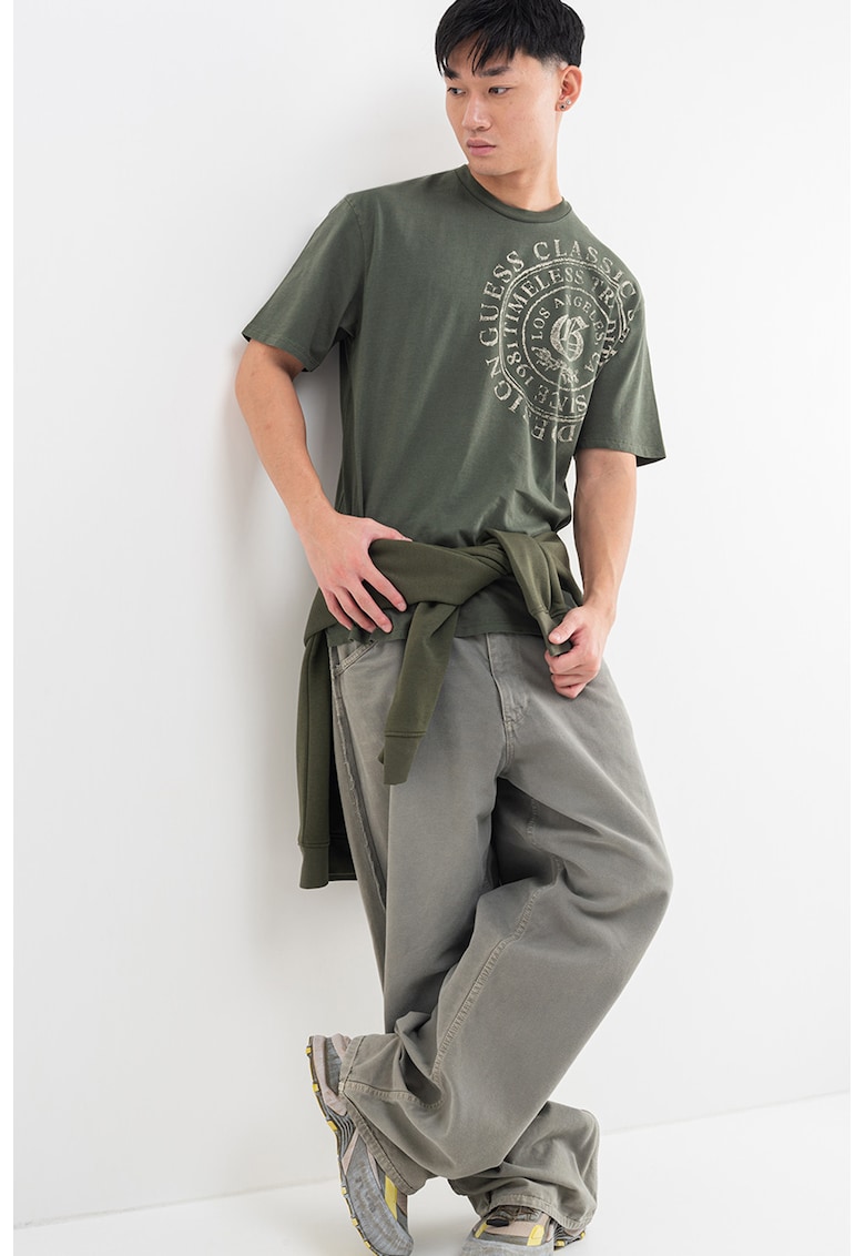 Tricou lejer cu logo circular - Alb fildes/Kaki inchis