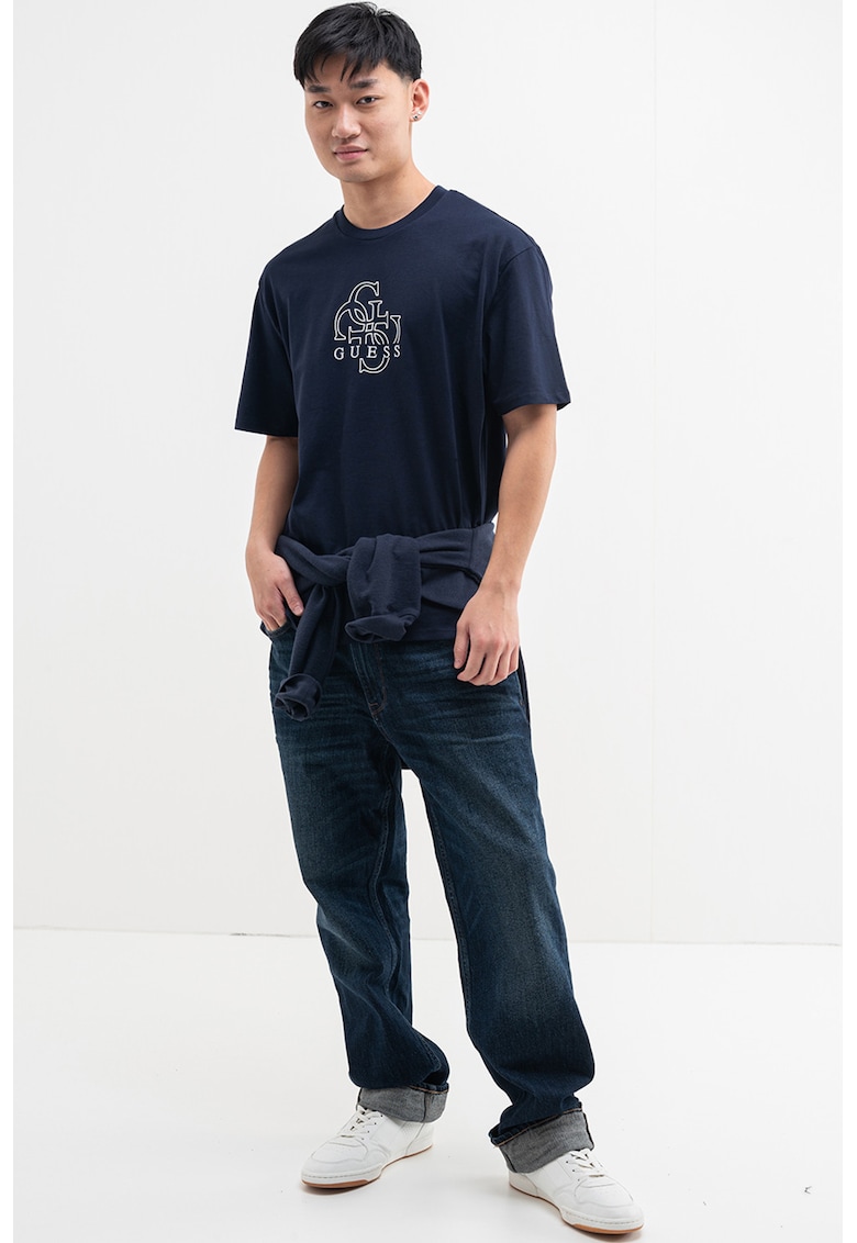 Tricou lejer cu logo pe piept - Alb murdar/Bleumarin