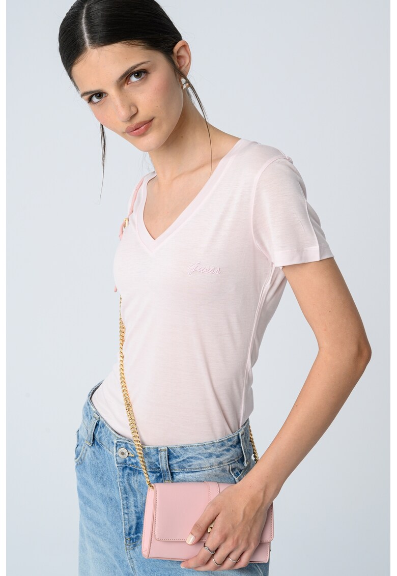 Tricou din lyocell cu decolteu in V - Roz pal