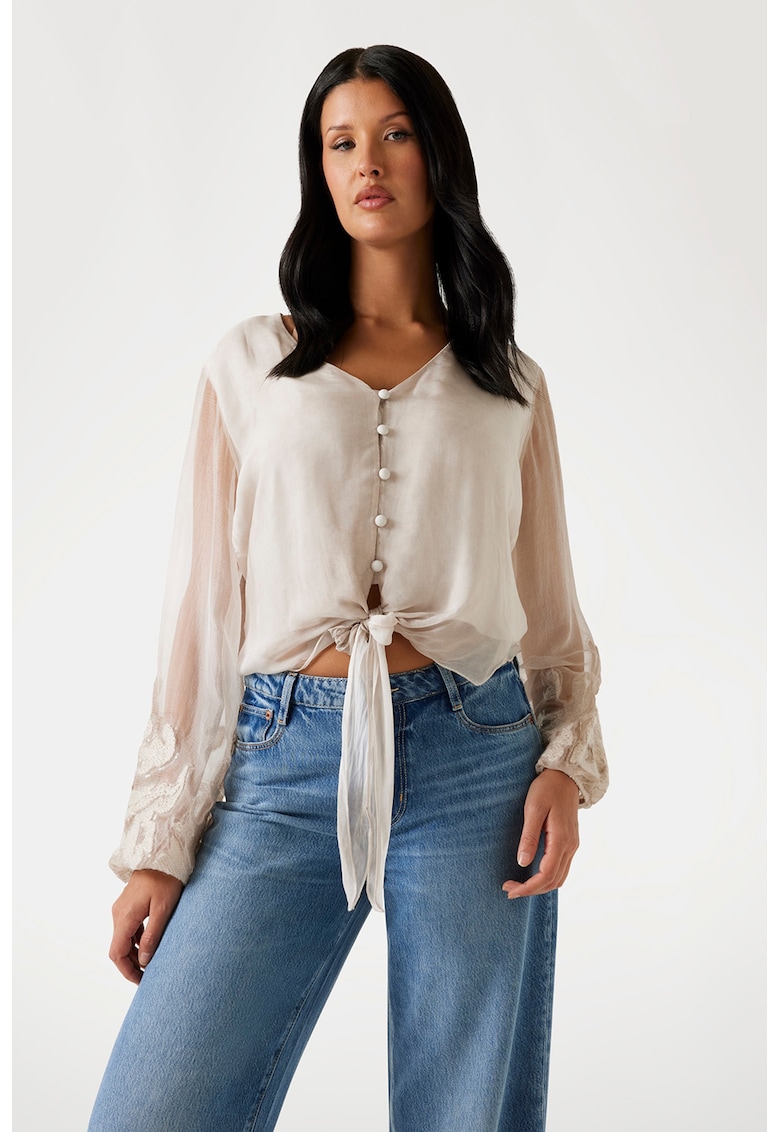 Camasa crop din amestec de matase cu prinderi frontale
