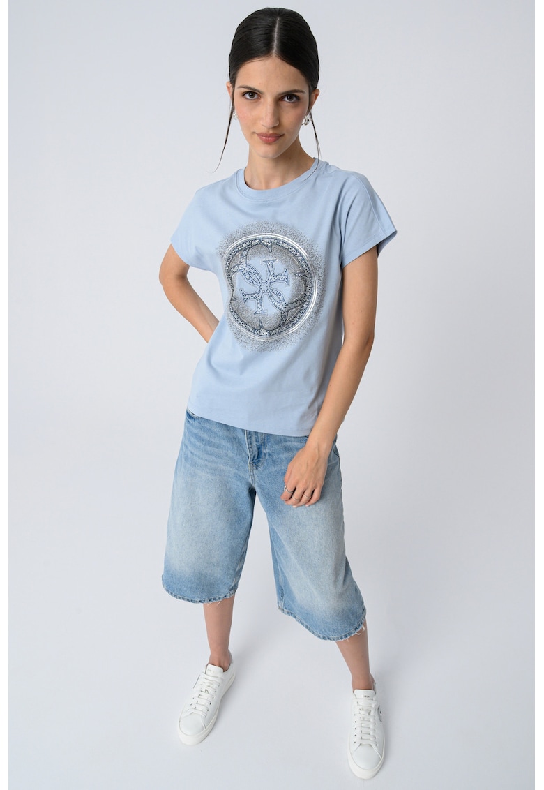Tricou de bumbac cu imprimeu si strasuri