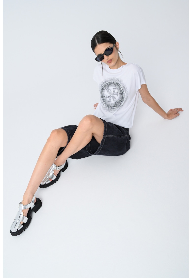 Tricou de bumbac cu imprimeu si strasuri
