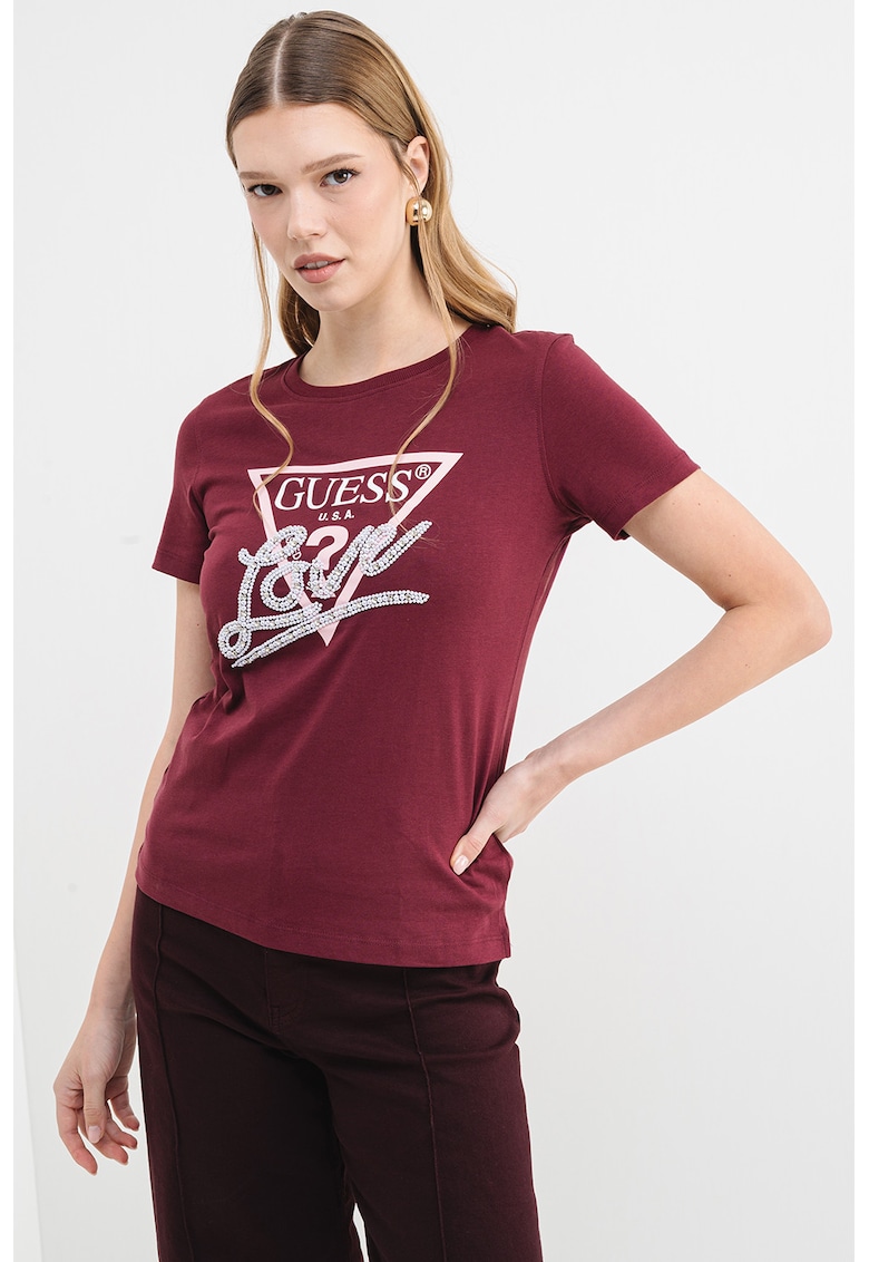 Tricou din bumbac cu imprimeu logo si aplicatie cu margele