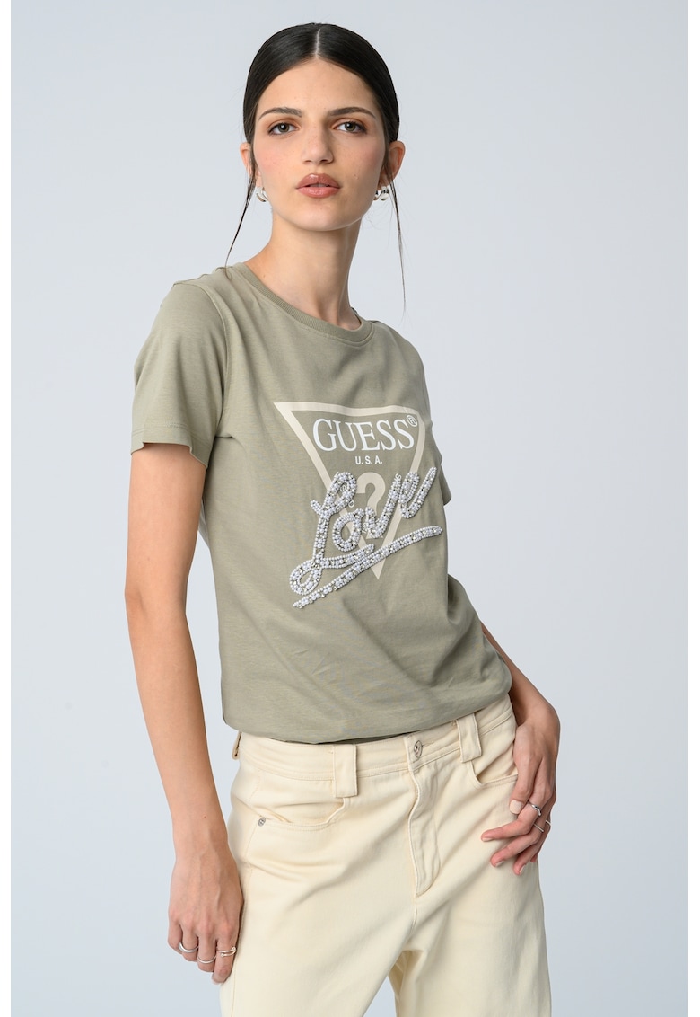 Tricou din bumbac cu imprimeu logo si aplicatie cu margele