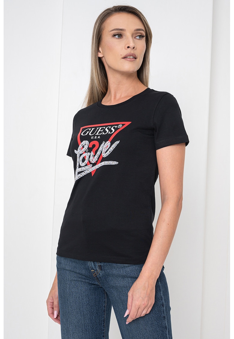 Tricou din bumbac cu imprimeu logo si aplicatie cu margele