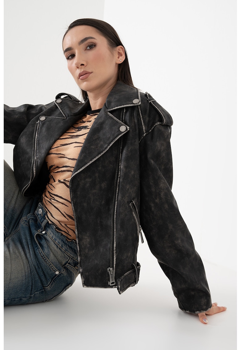 Jacheta biker de piele ecologica cu aspect decolorat