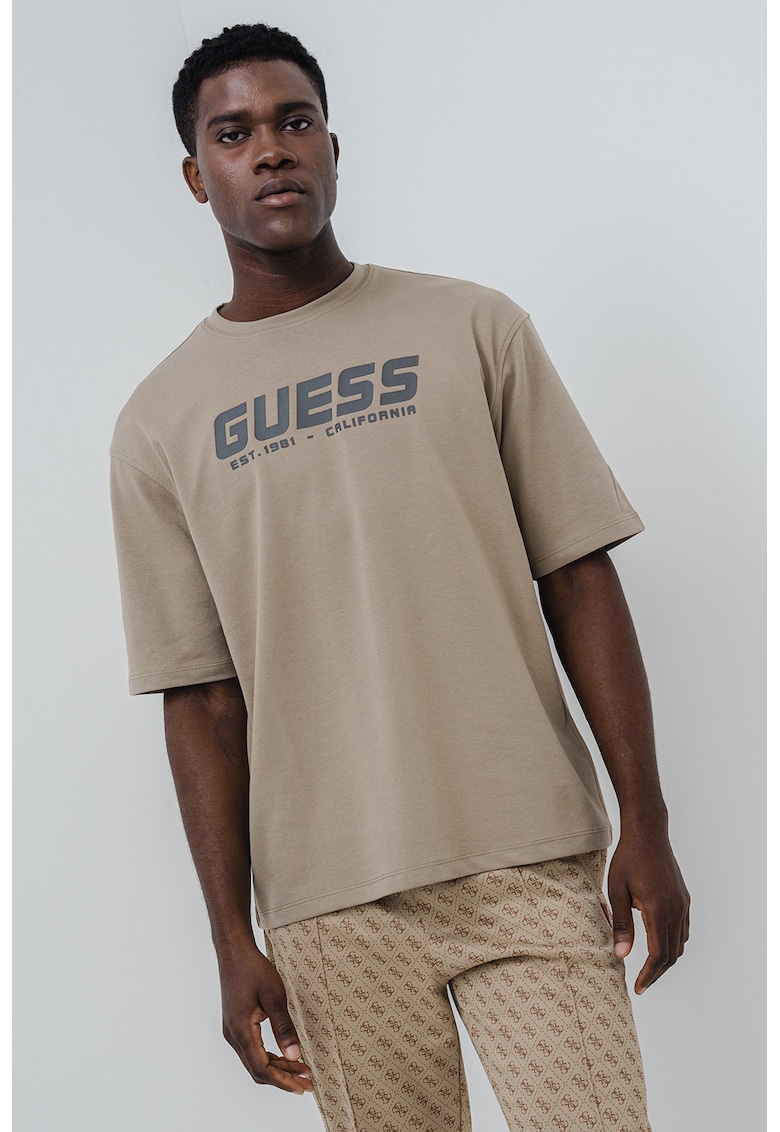 Tricou cu logo si maneci medii - Maro nisip/Gri inchis