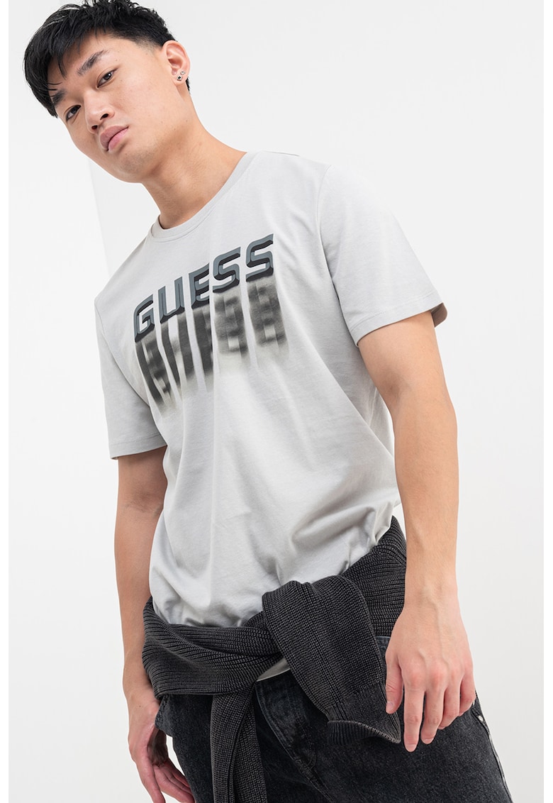 Tricou de bumbac cu decolteu la baza gatului si logo