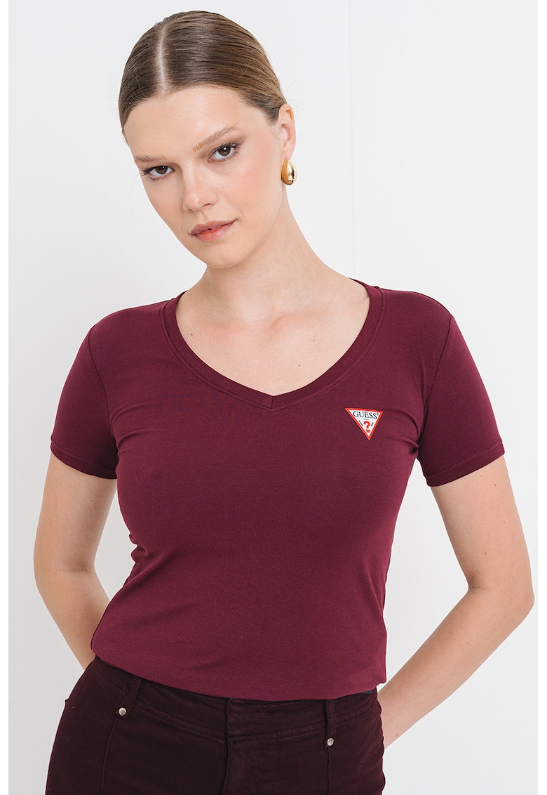 Tricou slim fit cu decolteu in V - Violet tyrian