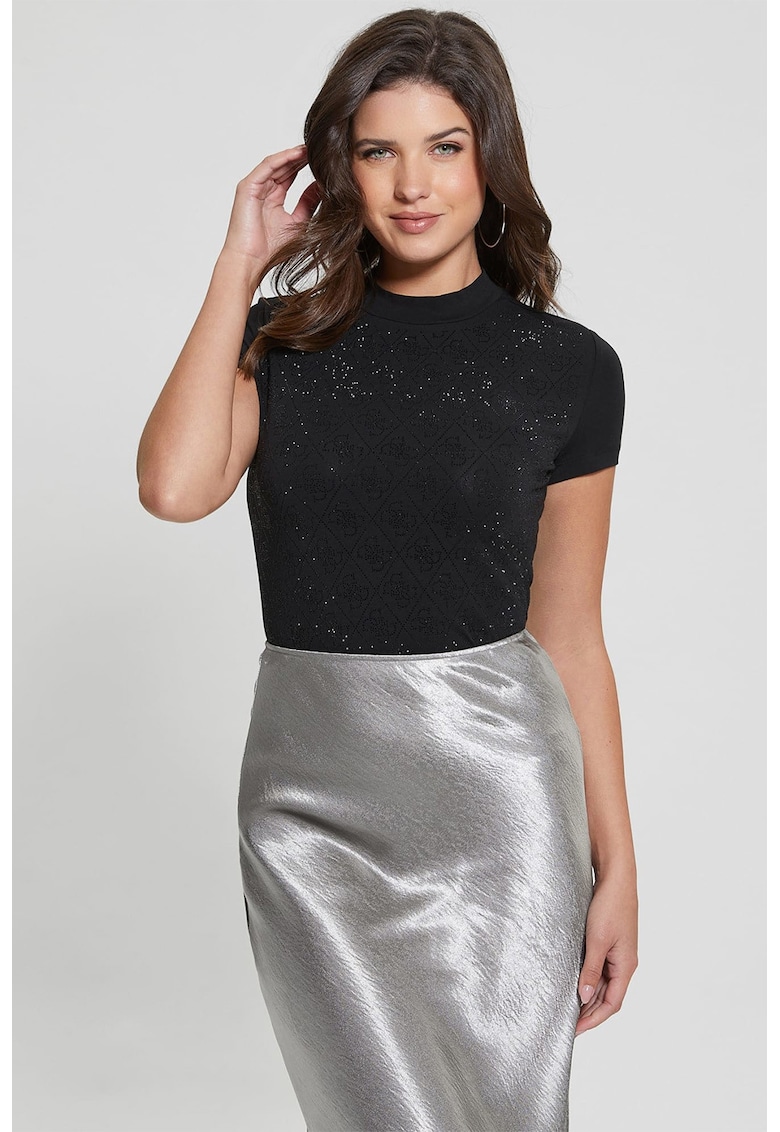 Tricou crop cu model monograma cu strasuri