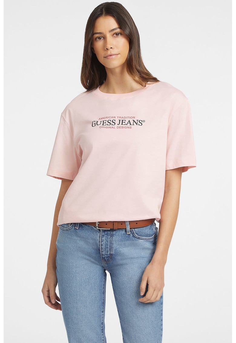 Tricou lejer cu imprimeu logo si decolteu la baza gatului - Roz pal