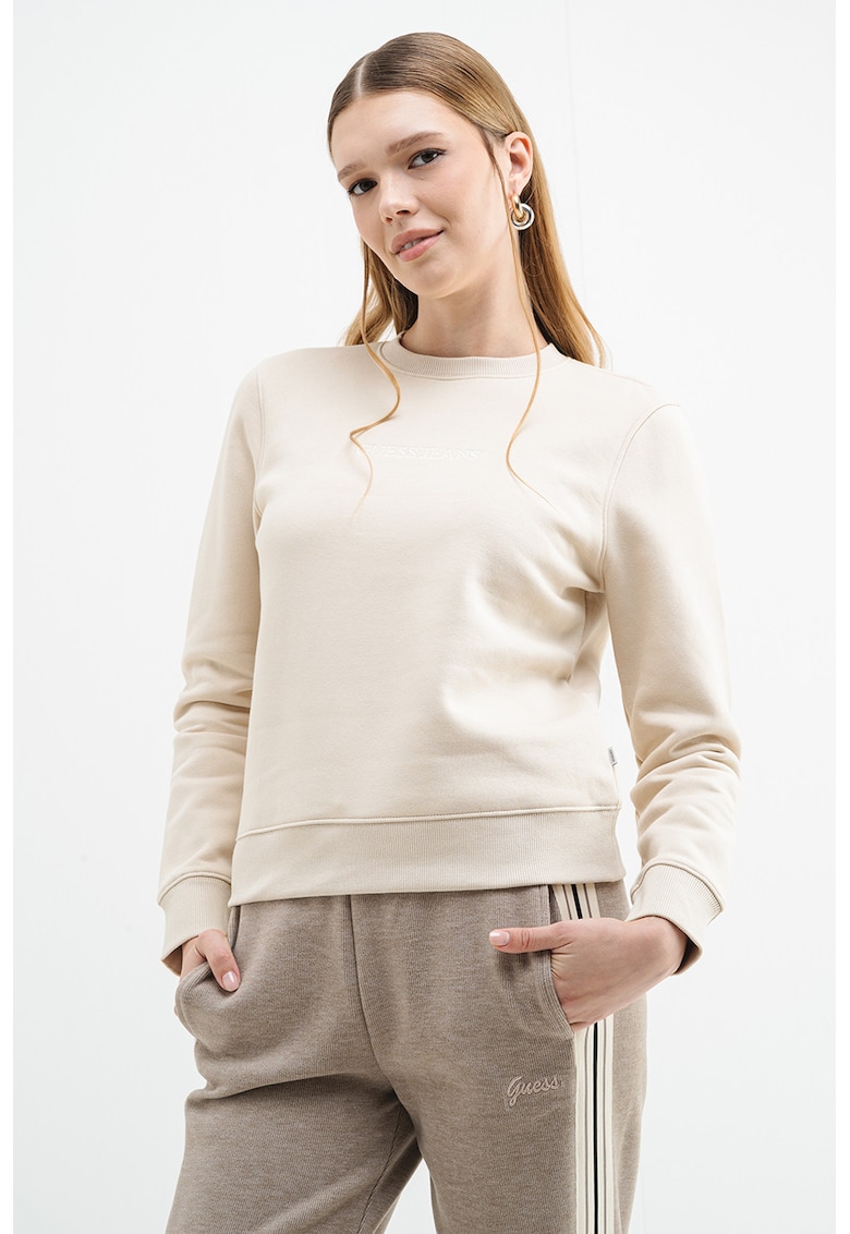 Bluza de trening cu decolteu la baza gatului si logo - Crem