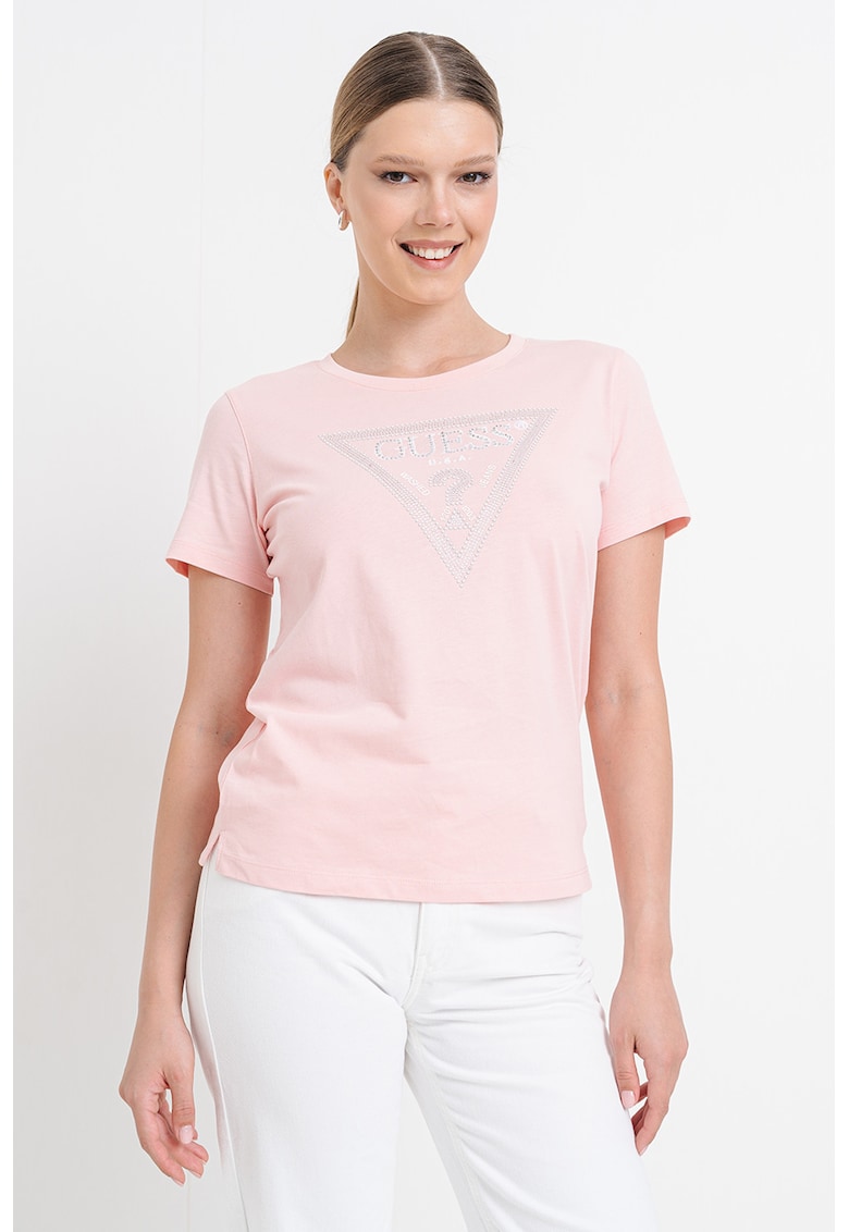 Tricou cu decolteu rotund si logo cu strasuri