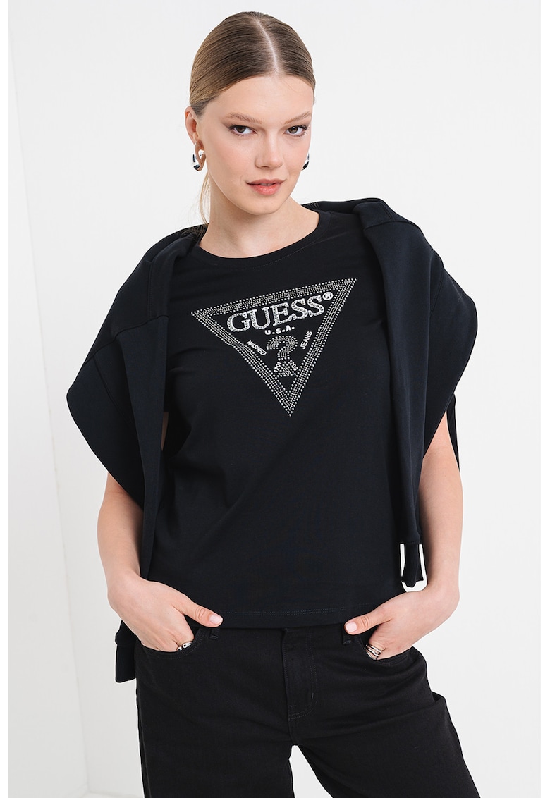 Tricou cu decolteu rotund si logo cu strasuri