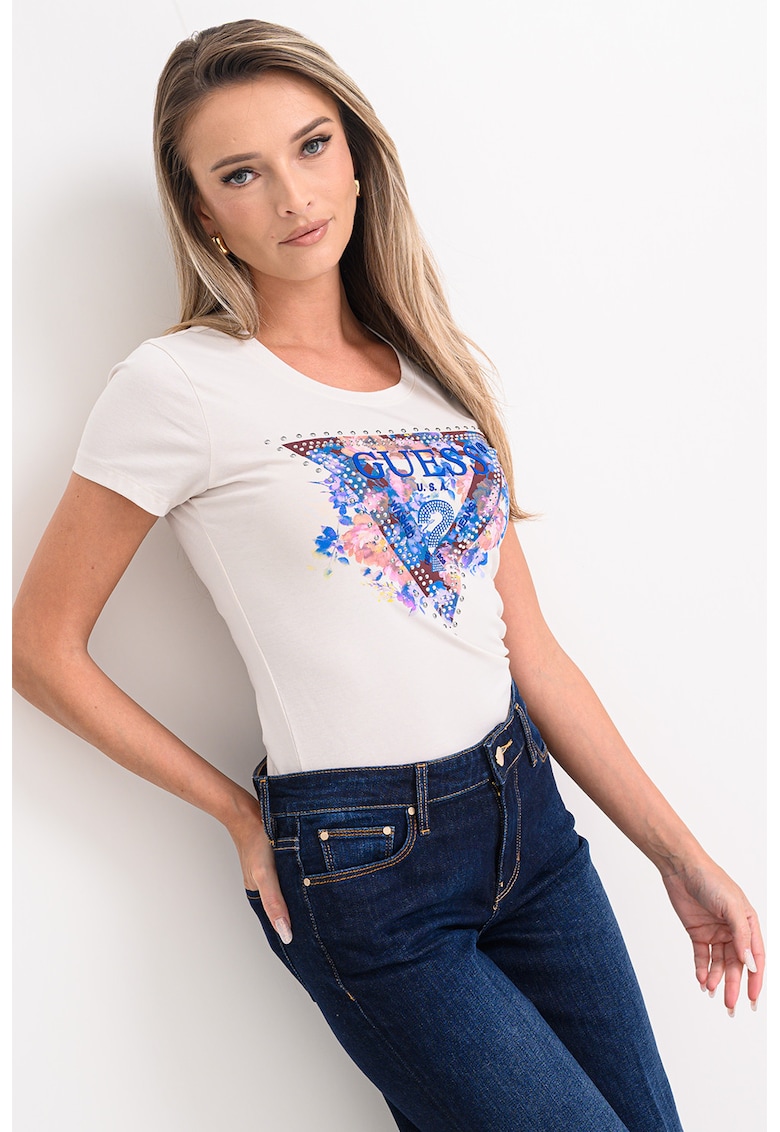 Tricou slim fit cu logo si decolteu la baza gatului